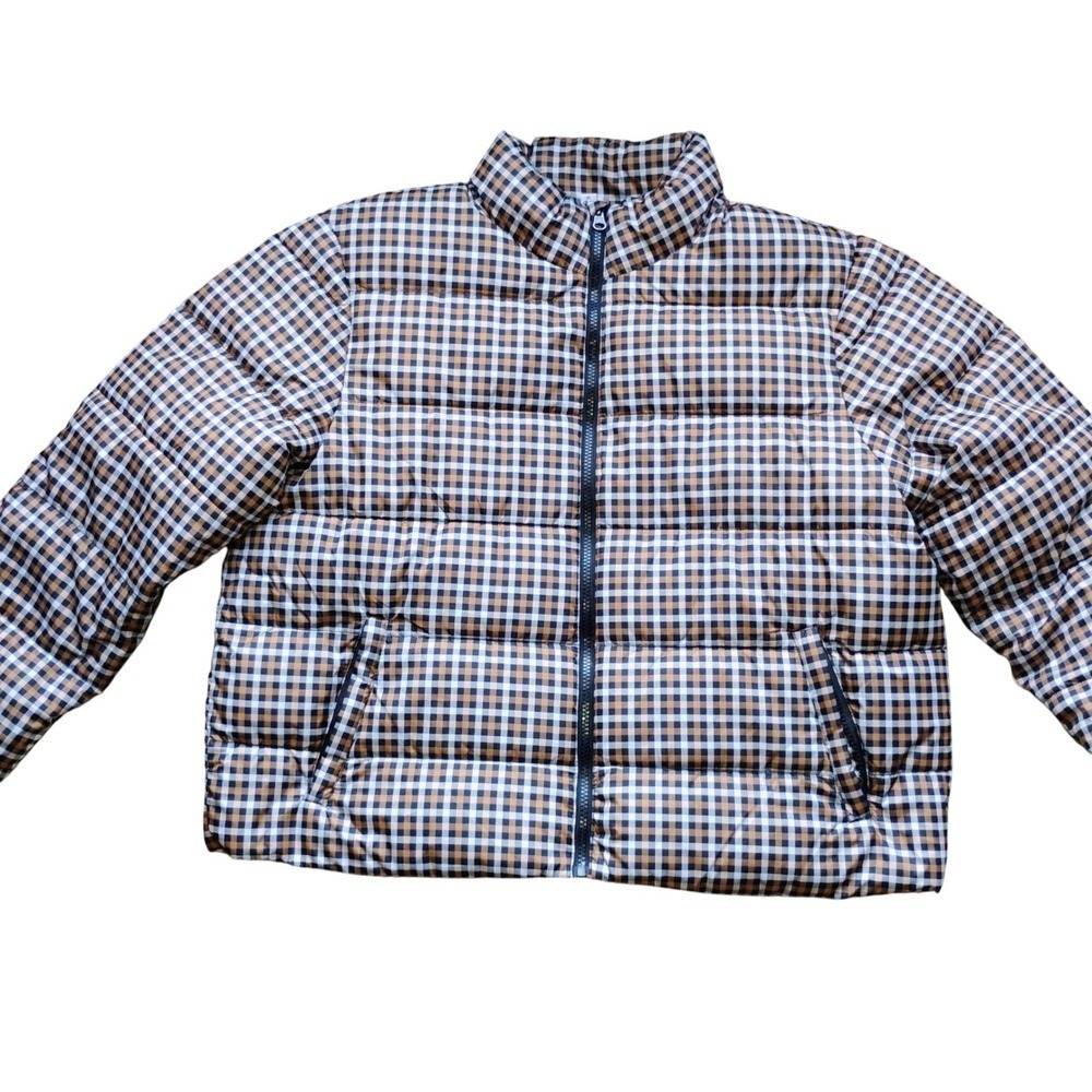 Checkered Puffer Jacket XL Zip Front Quilted Warm Neutral Pattern Like New